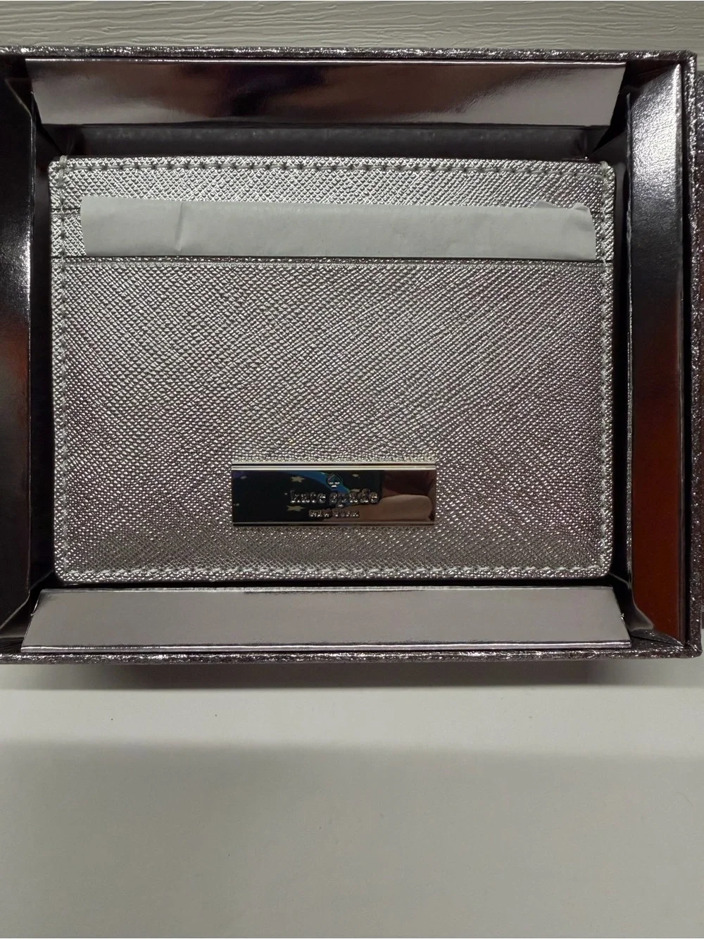 Kate Spade Kenzie Metallic Saffiano Card Holder Silver Lunar Light NIB